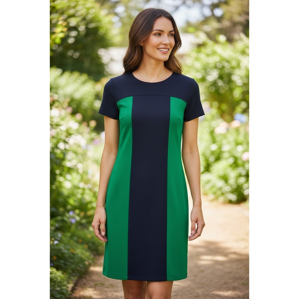 Boden Colorblock Sheath Dress Women Green Navy Ribbed Ottoman US 2R